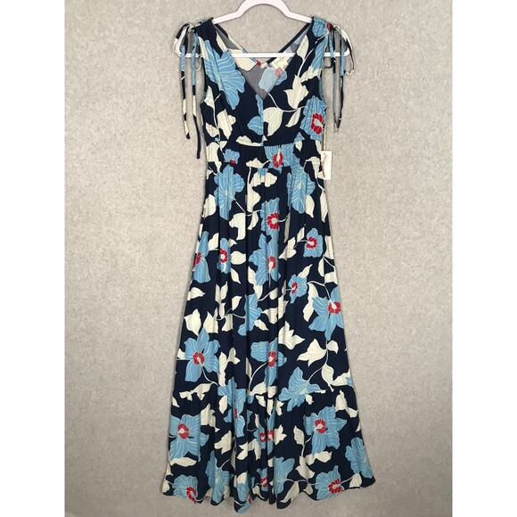 Jessica Simpson Dress Womens Small Blue Maxi Floral Tiered Tropical Flowy Ruched